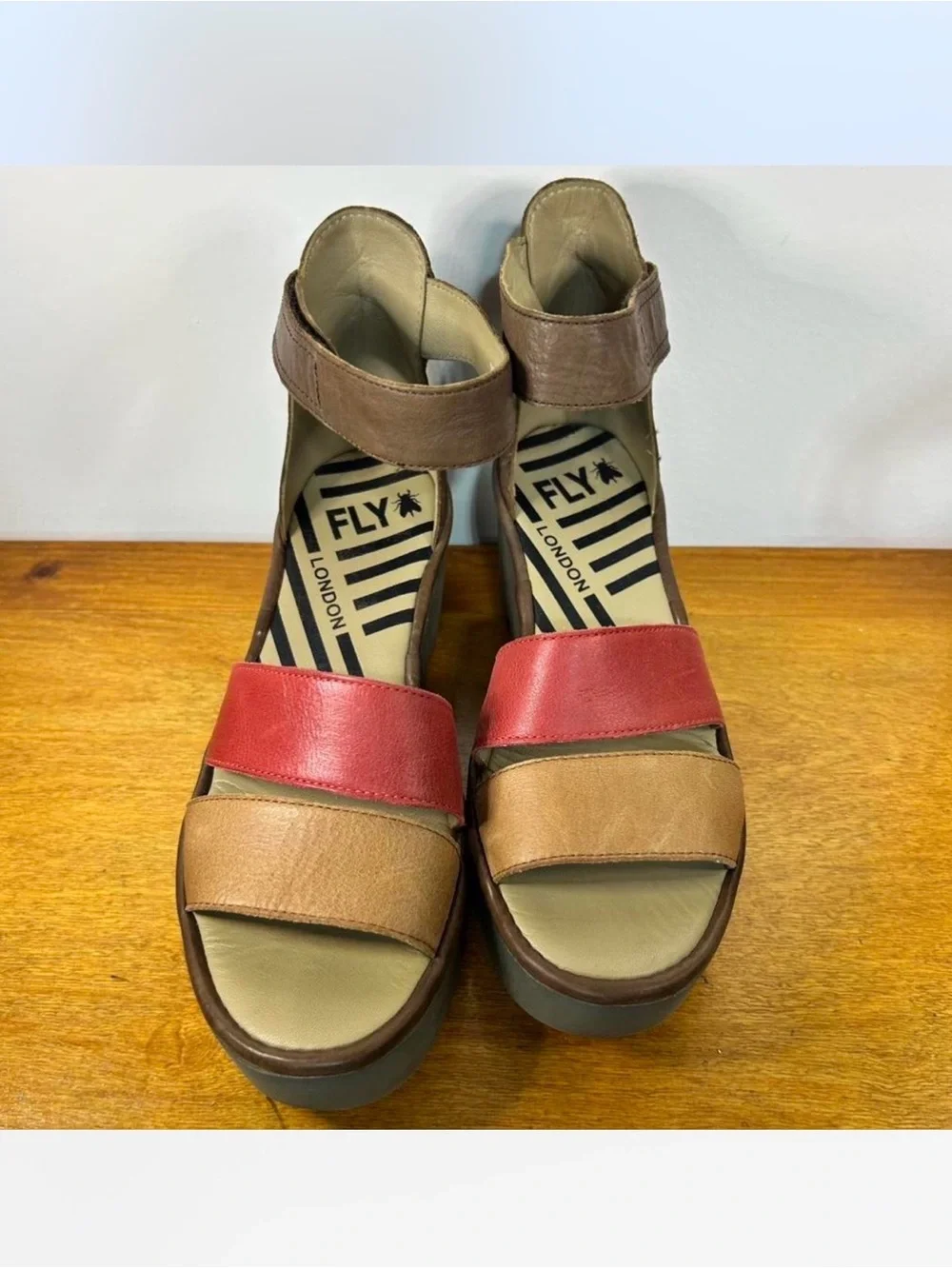 Fly London Red and Brown Leather Wedge Sandals